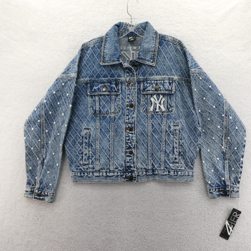 G-III Jacket Womens Medium New York Yankees Blue Pearl‎ Acid Wash Denim Jean